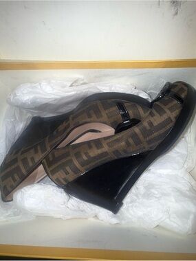 Fendi Brown FF-Logo Wedge Loafers with Black Patent Trim